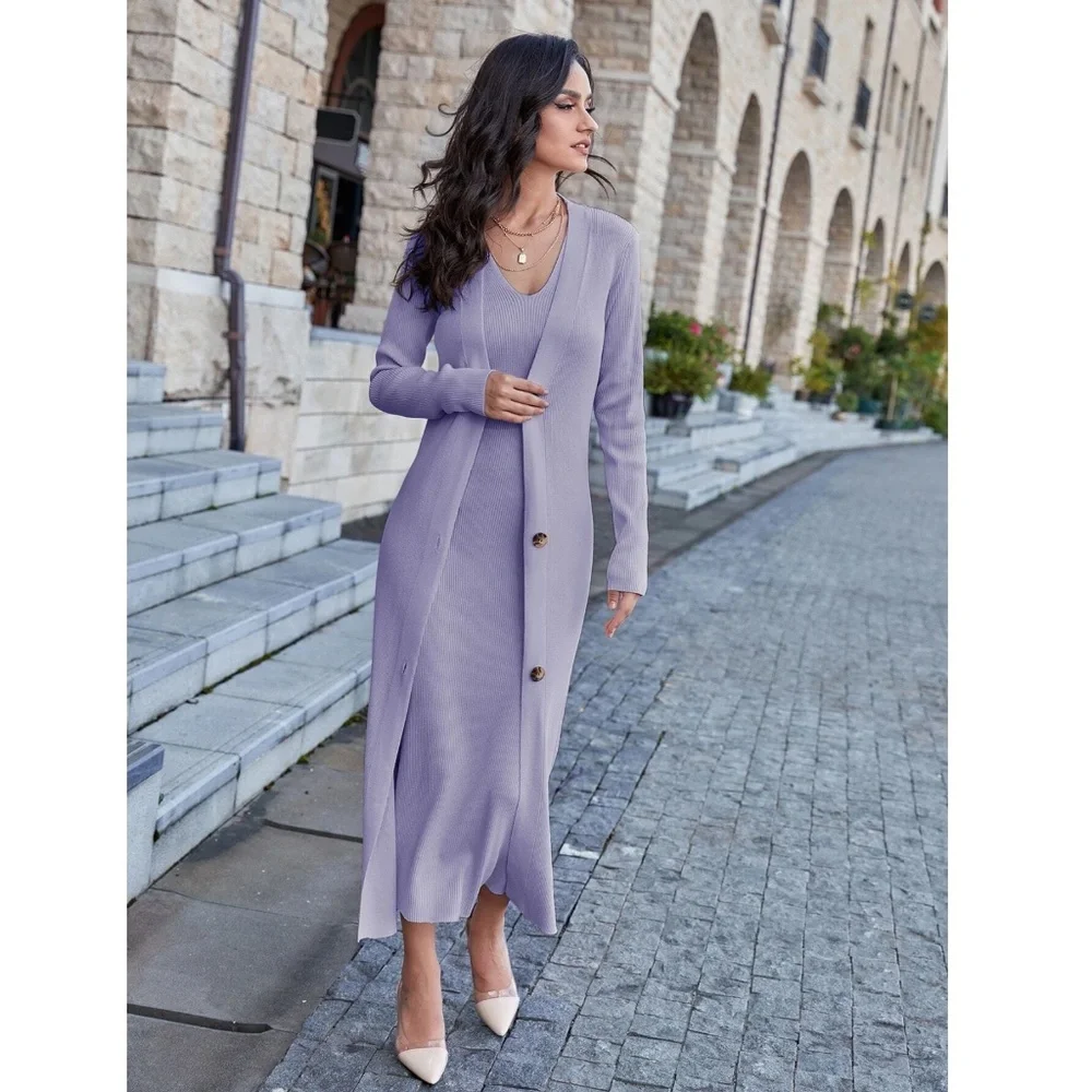 2 Piece Set: Knit Midi Pencil Dress and Long Cardigan Button Through - Picture 5 of 13
